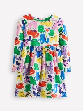 Mini Boden Long-Sleeved Fun Jersey Twirl Dress Rainbow Animal Pets 7/8